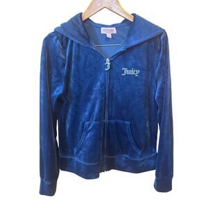 Juicy Couture Navy Y2K Bling Velour Full Zip Hooded‎ Track Jacket Medium